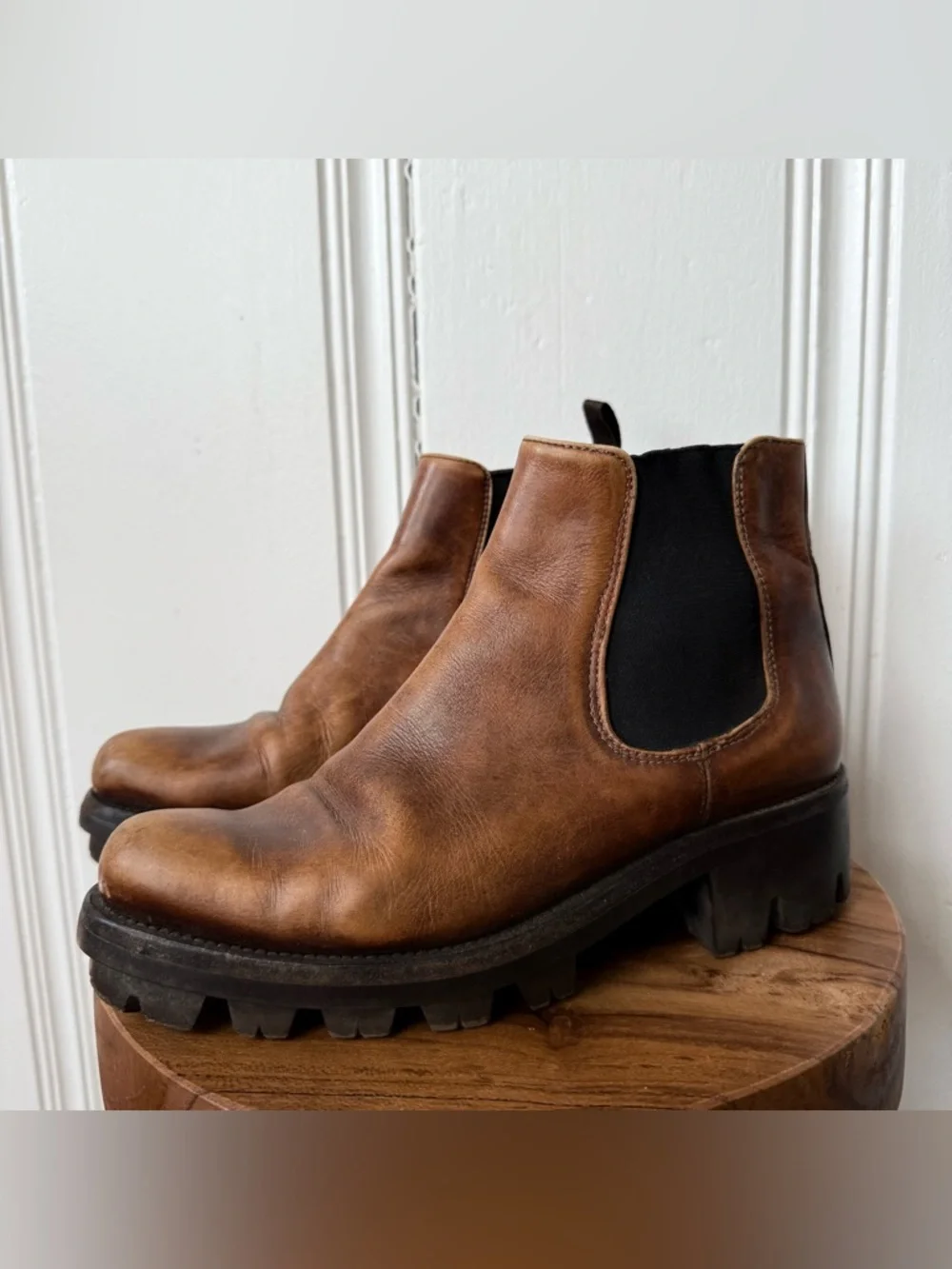 Prada Monolith Brown Leather Chunky Platform Chelsea Boots size 37
